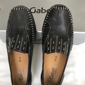 Gabor Black Leather Slip-On Loafers with Contrast Stitching